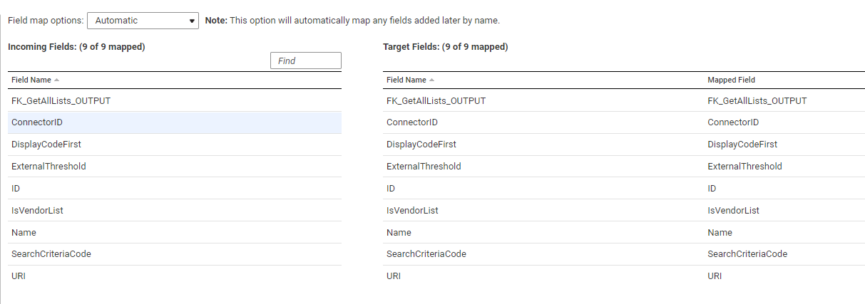 The image displays the target field mapping when you select the automatic field map option.