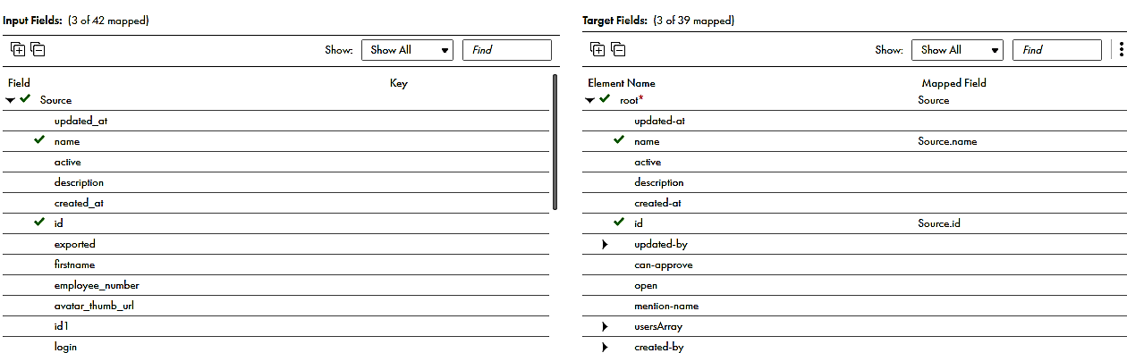 The image shows the mapped input fields with the Coupa target in the Field Mapping tab.