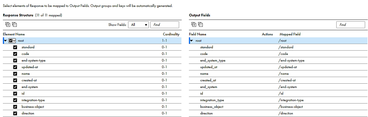 The image shows the rsponse structure of GET_Integrations_show in the Field Mapping tab of the Source Transformation