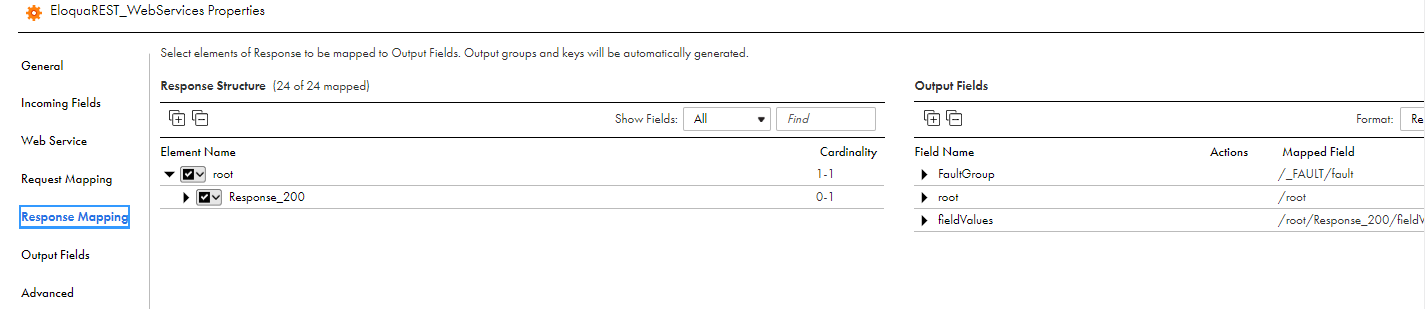 The following image shows the mapped fields in the Response Structure tab.