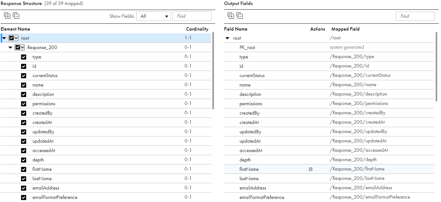 The following image shows an example hierarchical response structure generated from the request JSON for the GET_Contacts operation and the corresponding relational output fields for the response.