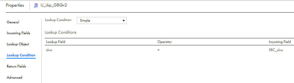 The image shows the Lookup Condition tab of the Lookup transformation where you can pass multiple input values into a Lookup transformation and return one column of data.