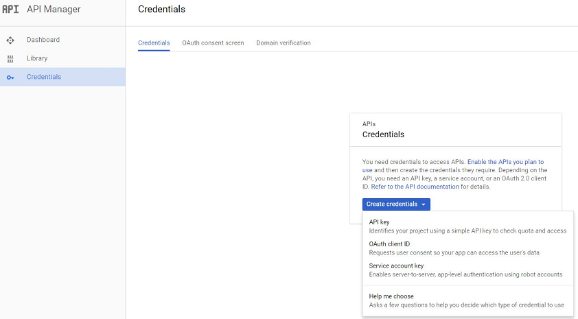 The image shows the Credentials page where you can create a service account and obtain a service account key.