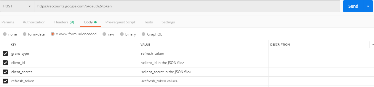 The image shows the key-value pairs to generate a new access token in the Body tab.