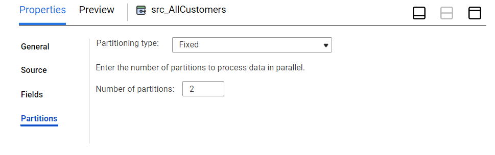 On the Partitions tab of the Source transformation, the partitioning type is Fixed and the number of partitions is set to 2.