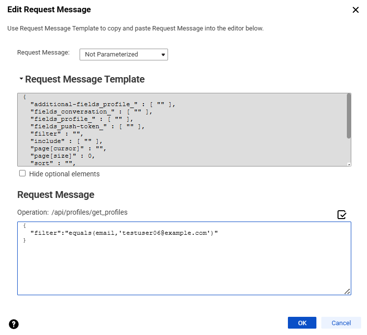 In the Request Message Editor, the request message template at the top lists the empty parameters for the operation. Below the template, the Request Message section shows a request message with an example configuration.
