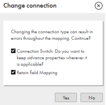 The image shows the options that you must select to retain the advanced properties and field mapping