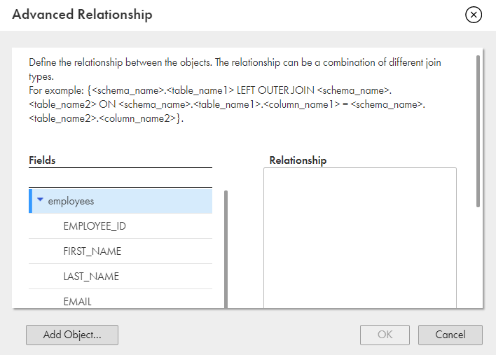 The image shows the Advanced relationship page with the Add Object option.