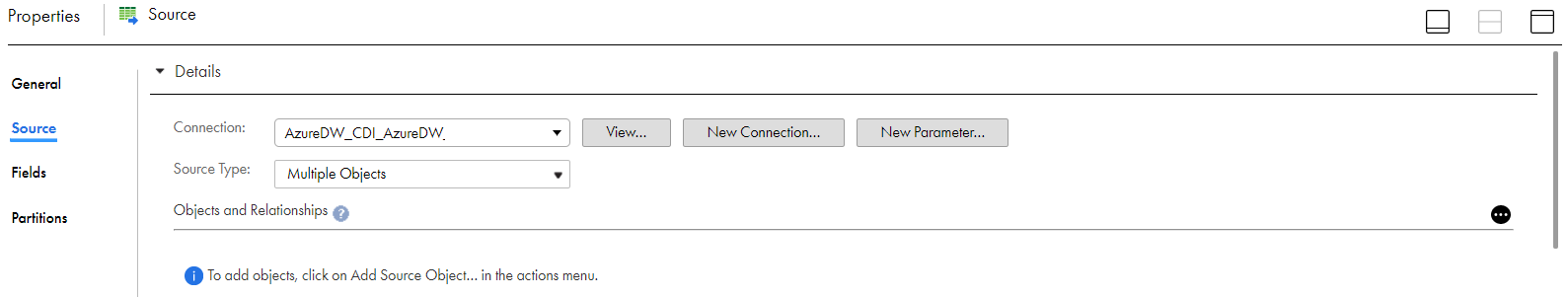 The image shows the source connection and source type for the task