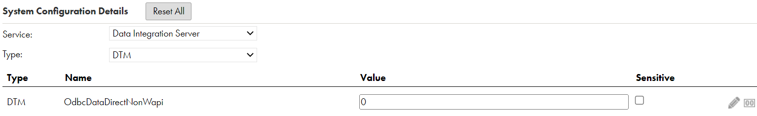 The configured OdbcDataDirectNonWapi property in the System Configuration Details section.