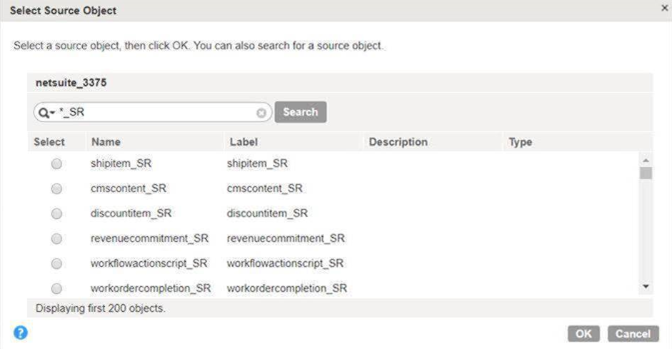 The image shows search record objects for NetSuite V2 sources.