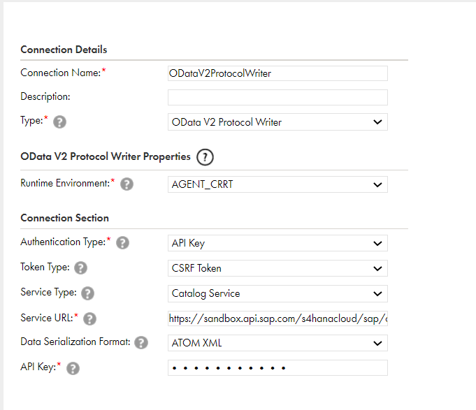 This image displays the configured OData V2 Protocol Writer connection properties.