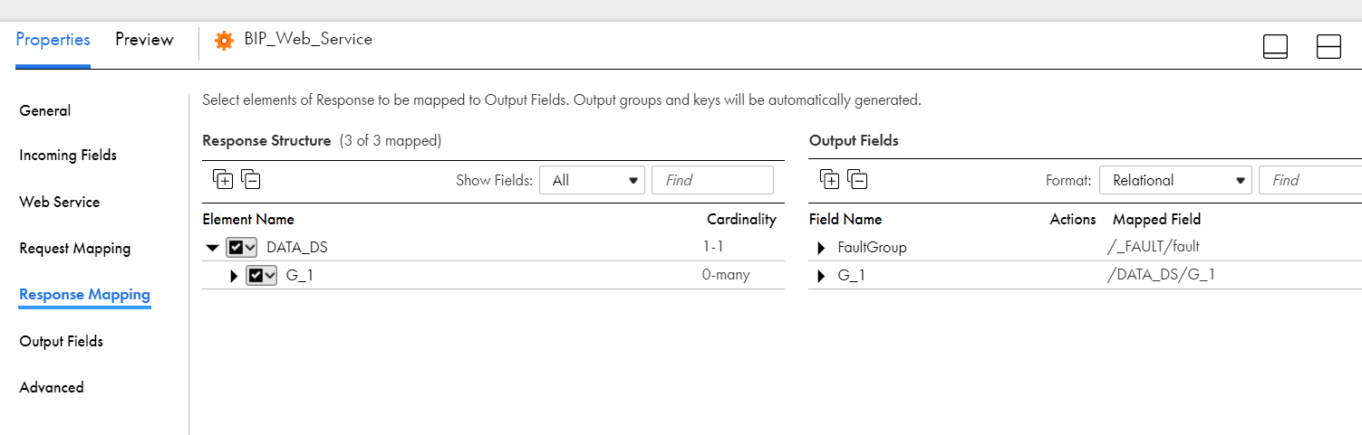 This image shows the response structure and the output fields