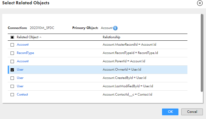 From the displayed related objects, select any of the child object for the account parent object.