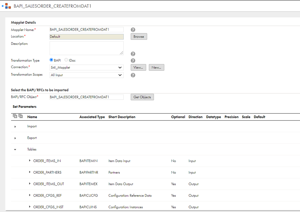 To create a BAPI/RFC mapplet, specify the mapplet name.