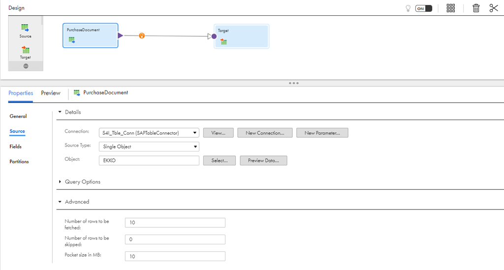 The configured source properties to map with an SAP Table source.