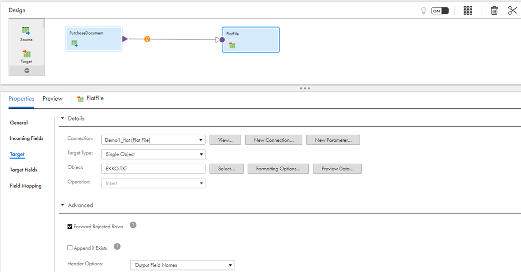 The configured flat file target details.