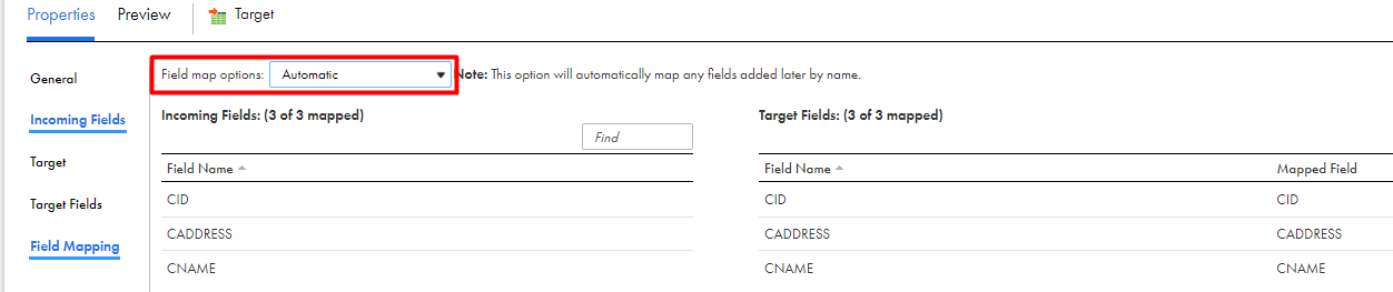 On the Field Mapping tab, the field mapping option is selected as Automatic.