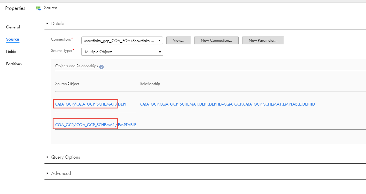 The database and schema name for both the objects selected in the mapping are the same.