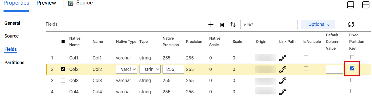 The selected Fixed Partition Key option in the Fields tab for enabling fixed partitioning.