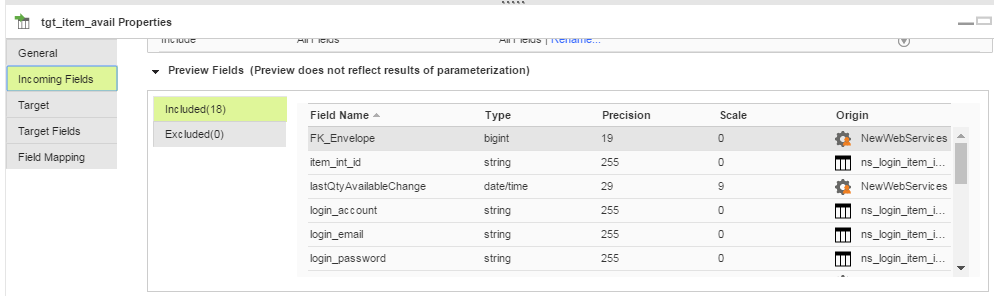 This image shows the available properties in incoming fields