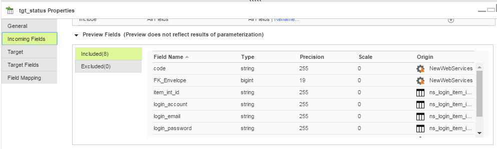 This image shows the status properties in incoming fields