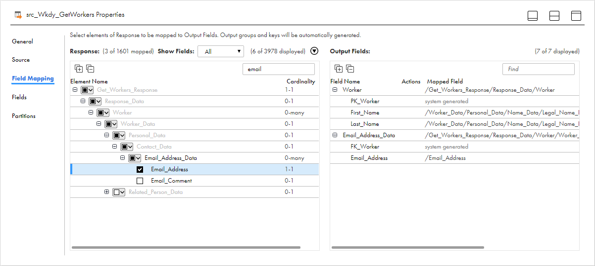 The Field Mapping tab shows the response structure on the left pane and the corresponding output fields and groups created in relational format on the right pane.