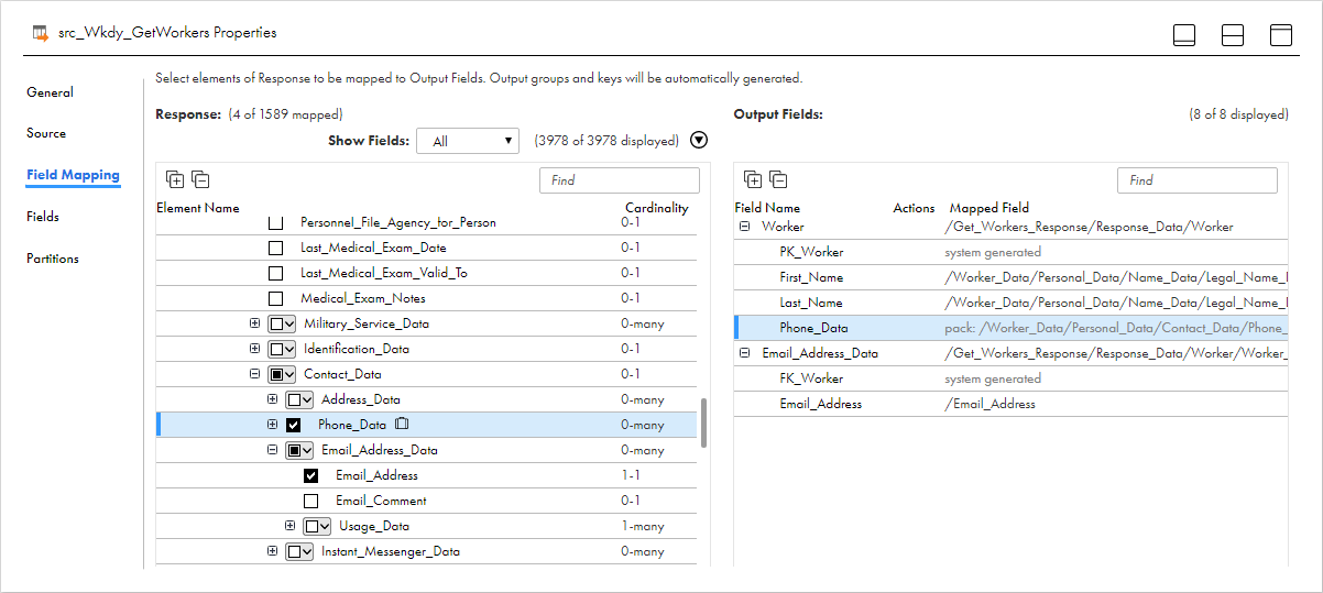 When you select the Phone_Data element on the left pane, the right pane shows that element and its descendants packed together.