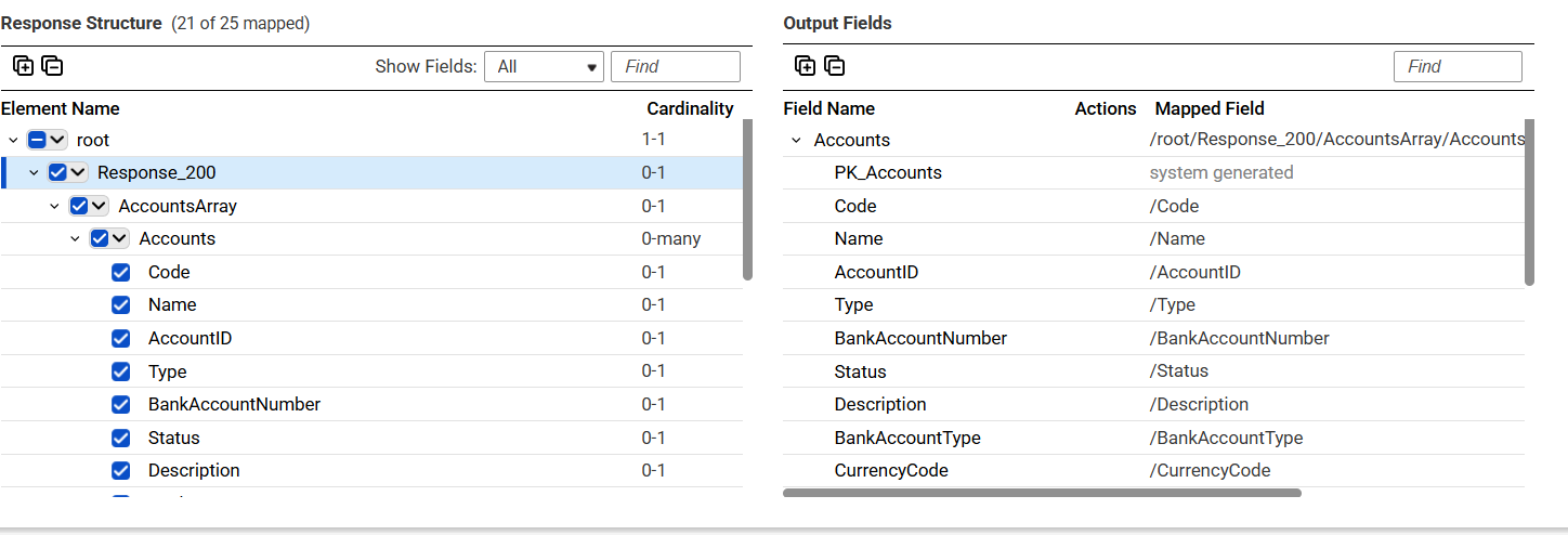 In the field mapping for the getAccounts operation, the hierarchical response elements on the left map to the relational output fields on the right.