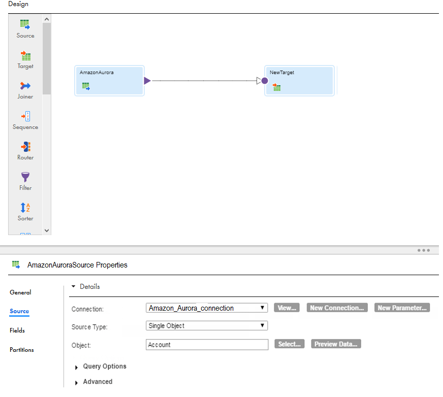 The following image shows the details of the Source Properties page where you can configure the source and advanced source properties.