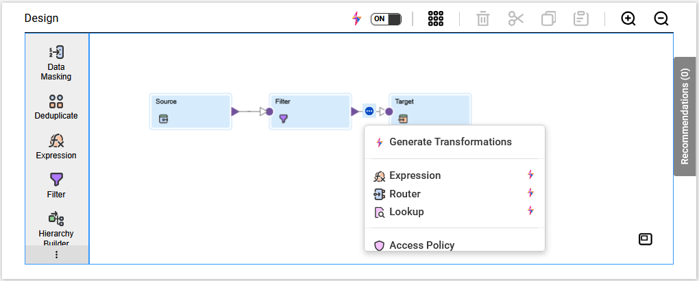 The mapping canvas shows the Add Transformation menu with the Generate Transformations option at the top. A pink lightning bolt icon appears to the left of the option name.