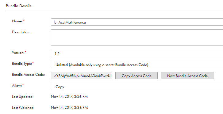 The Bundle Details page shows the current bundle access code and has an option to copy the access code and an option to generate a new access code.