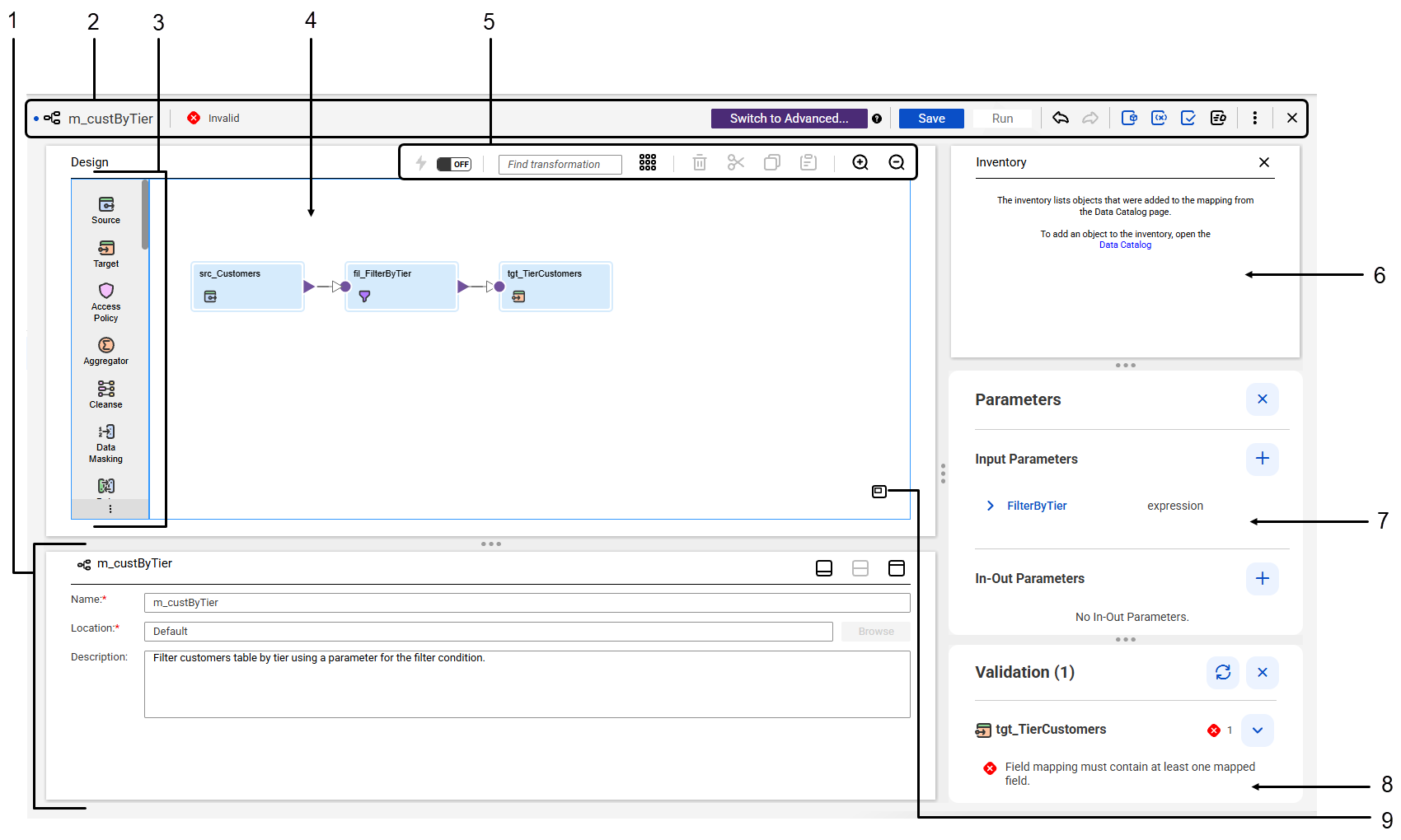The Mapping Designer contains the following areas: Properties panel, header, transformation palette, mapping canvas, toolbar, Inventory panel, Parameters panel, and Validation panel. The Mapping Designer contains the following areas: Properties panel, header, transformation palette, mapping canvas, toolbar, Inventory panel, Parameters panel, and Validation panel.
