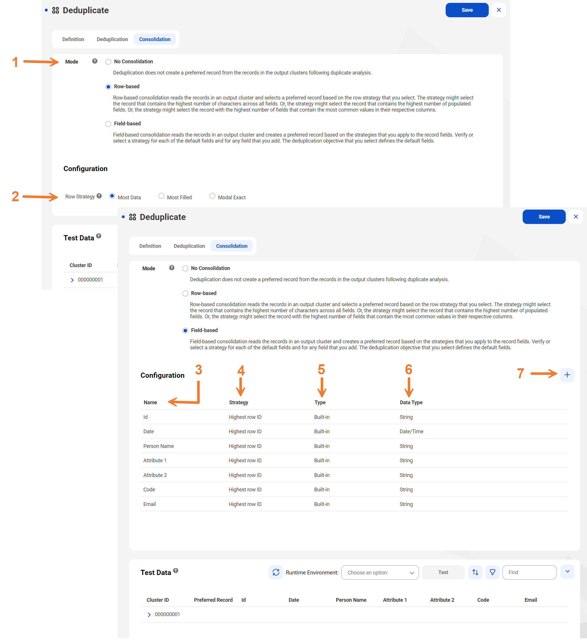 Two overlapping views of the Consolidation tab. One view shows the options for row-based consolidation The other view shows the options for field-based consolidation.