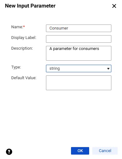 The image shows the New Input Parameter window. It includes fields for Name, Display Label, Description, Type, and Default Value.