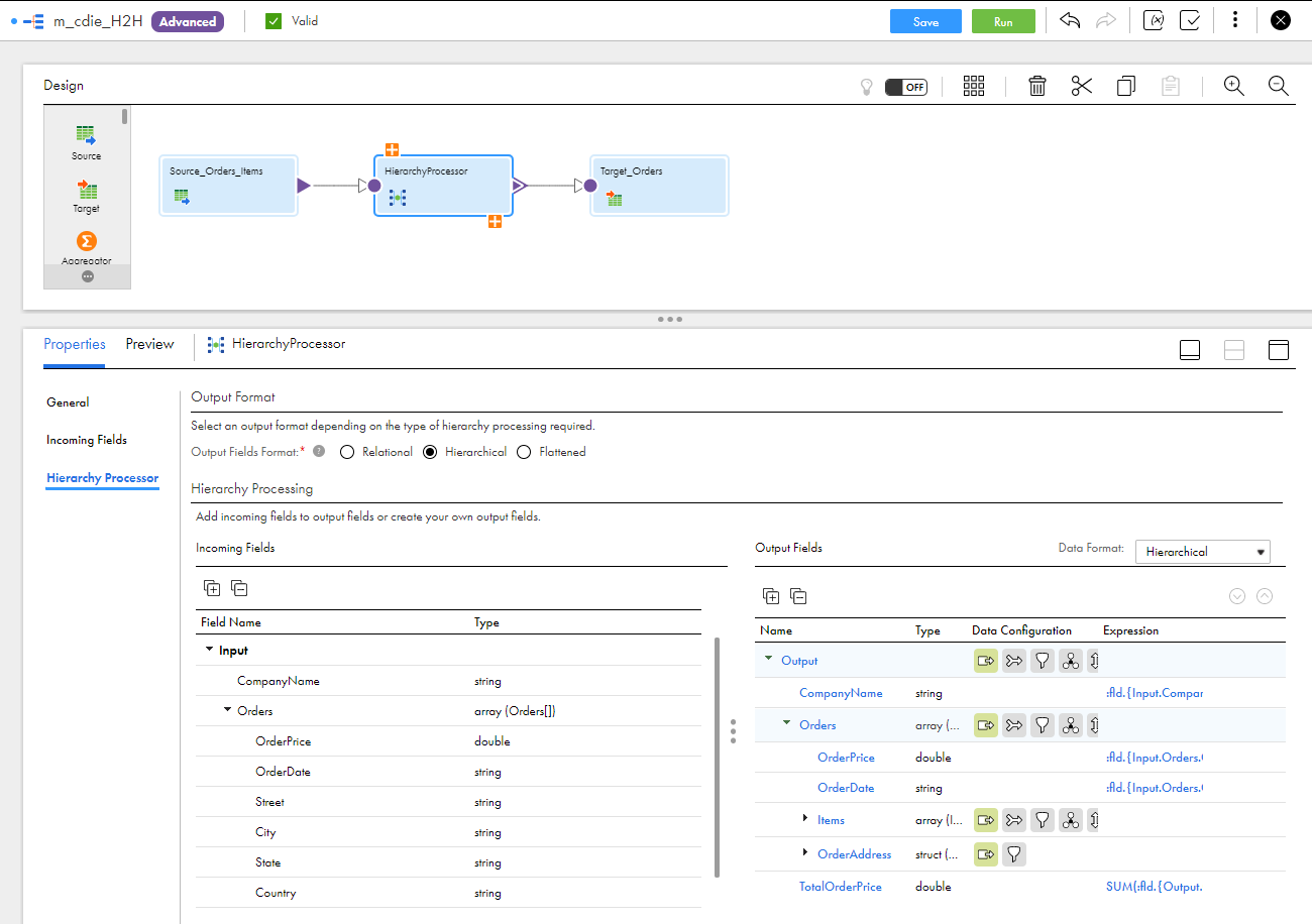 The mapping shows a source connected to a Hierarchy Processor transformation connected to a target. The Hierarchy Processor transformation is selected in the Mapping Designer, and the Hierarchy Processor tab is selected. The Incoming Fields panel shows one input group with the following fields: CompanyName (string) and Orders (array). The Orders array contains the OrderPrice, OrderDate, Street, City, State, Country, and ZipCode fields. The Output Fields panel contains one output group with the following fields: Company Name (string), Orders (array), and TotalOrderPrice (double). The Orders array contains the following fields: OrderPrice (double), OrderDate (string), Items (array), and OrderAddress (struct).