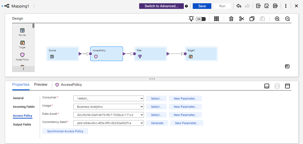 The image shows the Access Policy tab of the transformation. The tab properties include Consumer, Usage, Data Asset, and Consistency Seed fields, and a Synchronize Access Policy button.