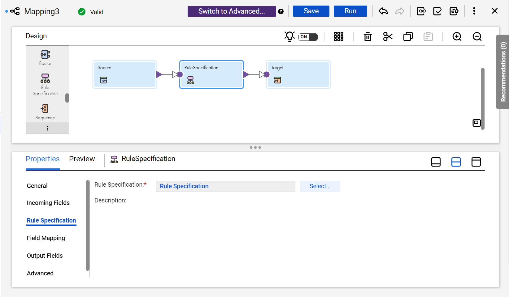 The image shows the Rule Specification tab of the transformation. The tab properties include a Select button that you can use to add a rule specification asset to the transformation.