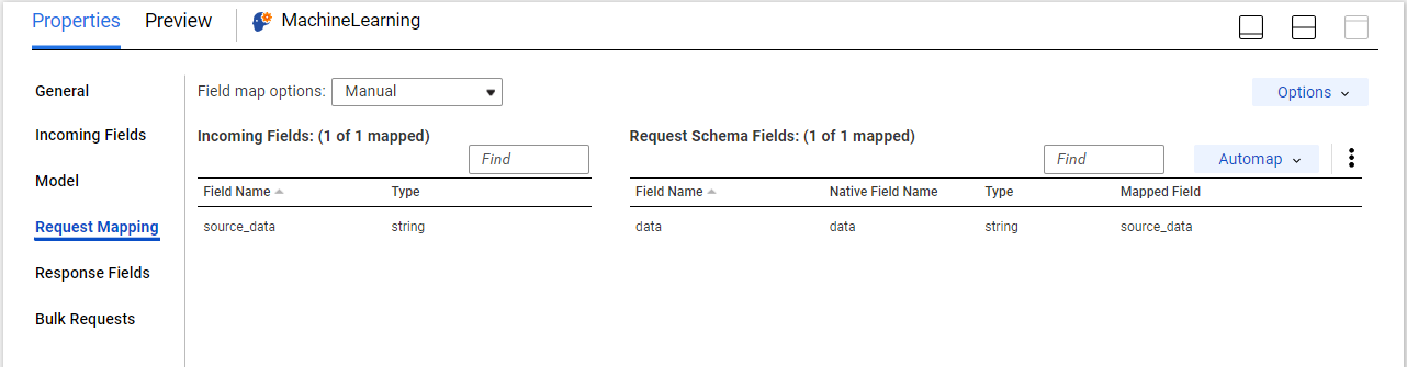 The Request Mapping tab of the Machine Learning transformation properties shows one incoming field, named source_data, mapped to the request schema field, named data.