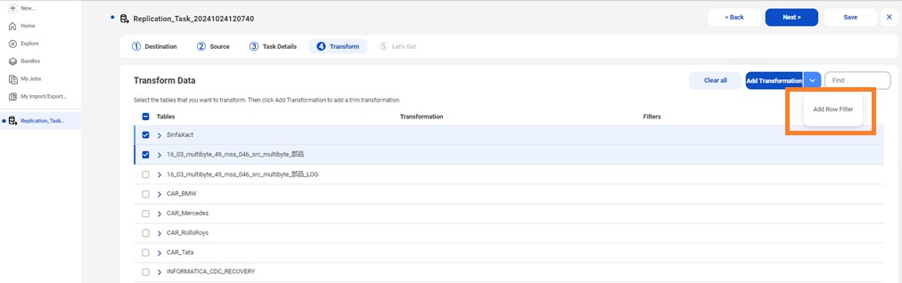 Select the Add Row Filter option to add row-level filters to tables and columns.