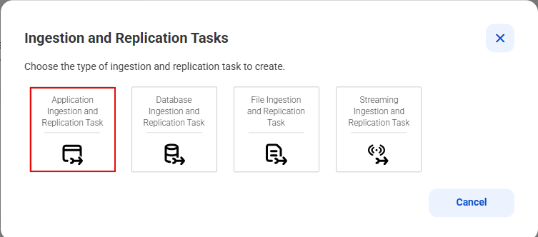 Click the box for the application ingestion and replication task type.