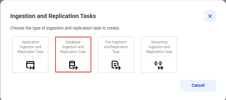 Click the box for the Database Ingestion and Replication task type.