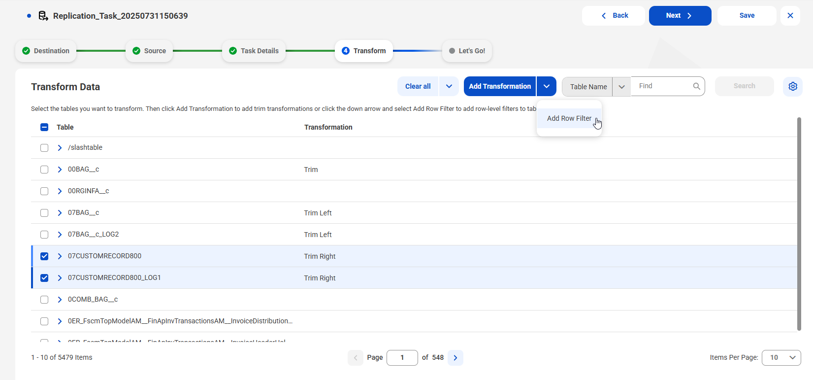 Select the Add Row Filter option to add row-level filters to tables and columns.