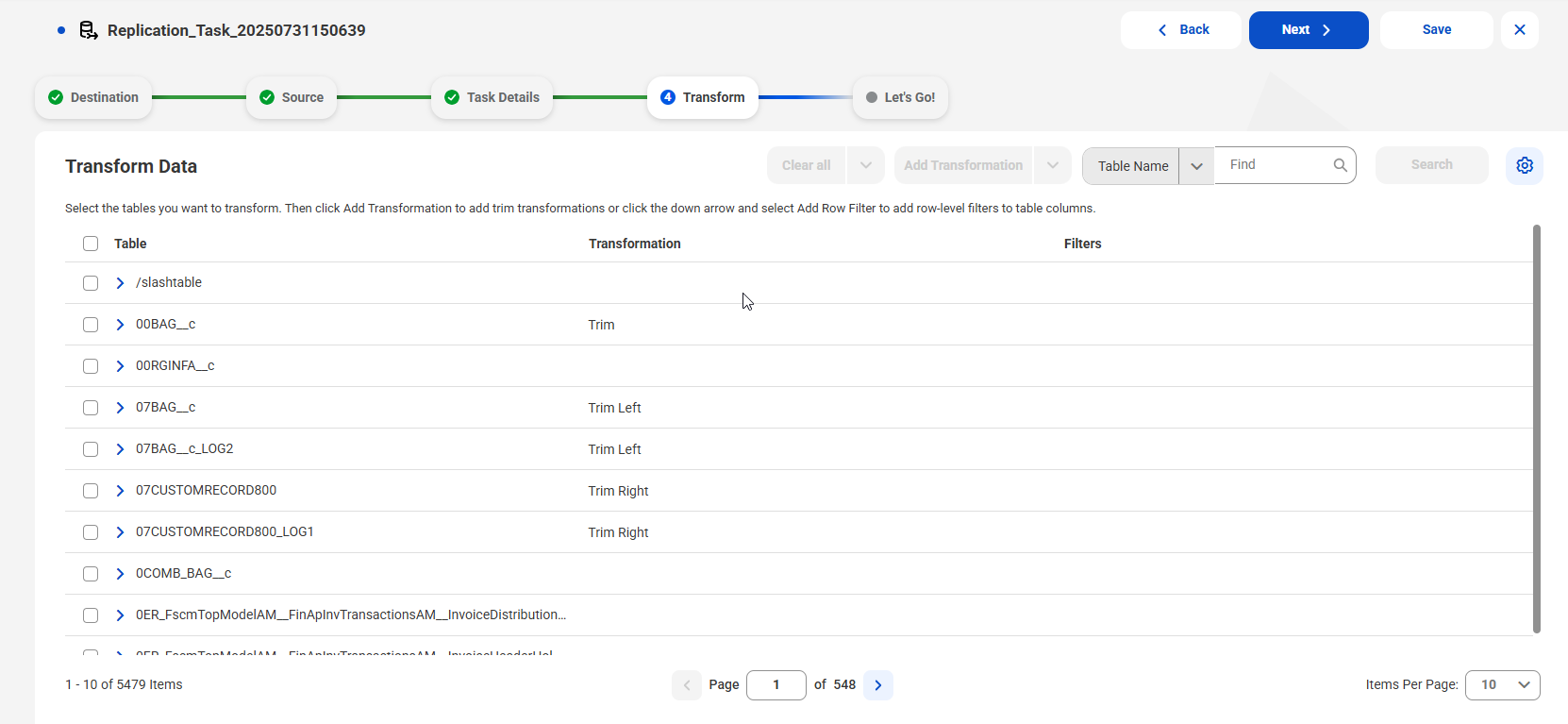 List of tables after multiple trim transformations are applied.