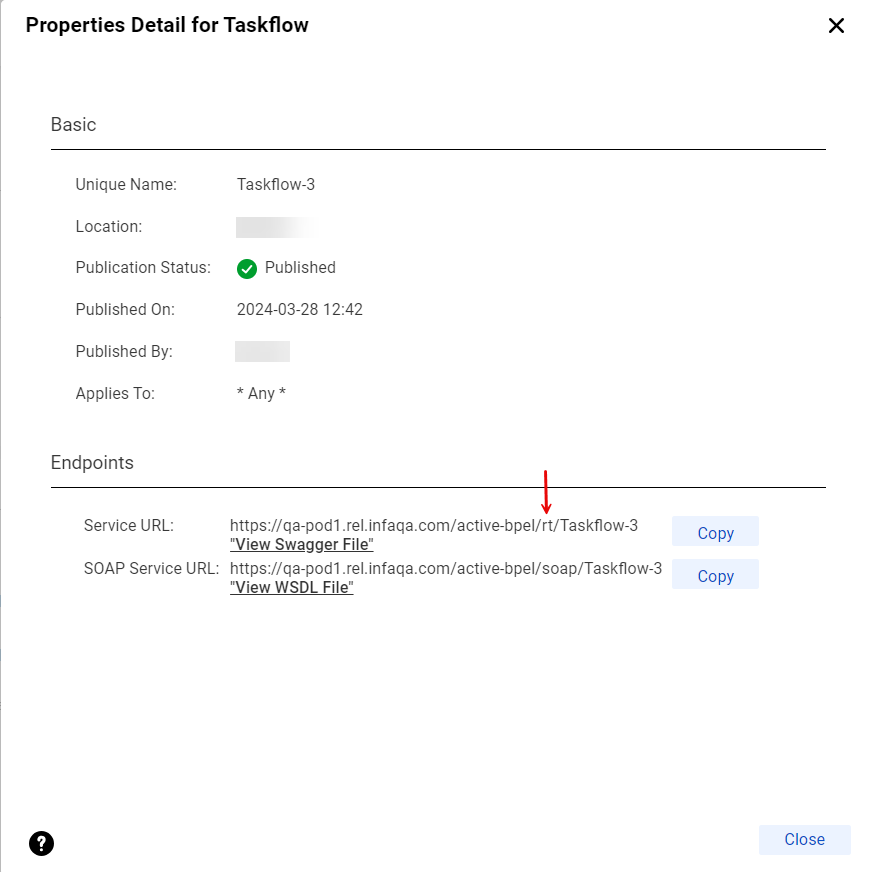 The image displays the Properties Detail dialog box with the service URL and SOAP URL.