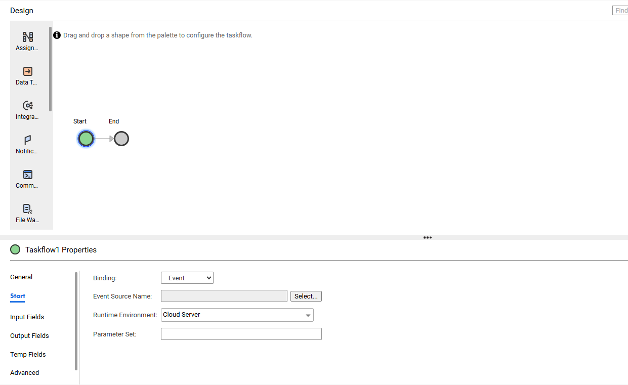 The image shows the binding set to Event, and the Event Source Name, Runtime Environment, and Parameter Set fields.
