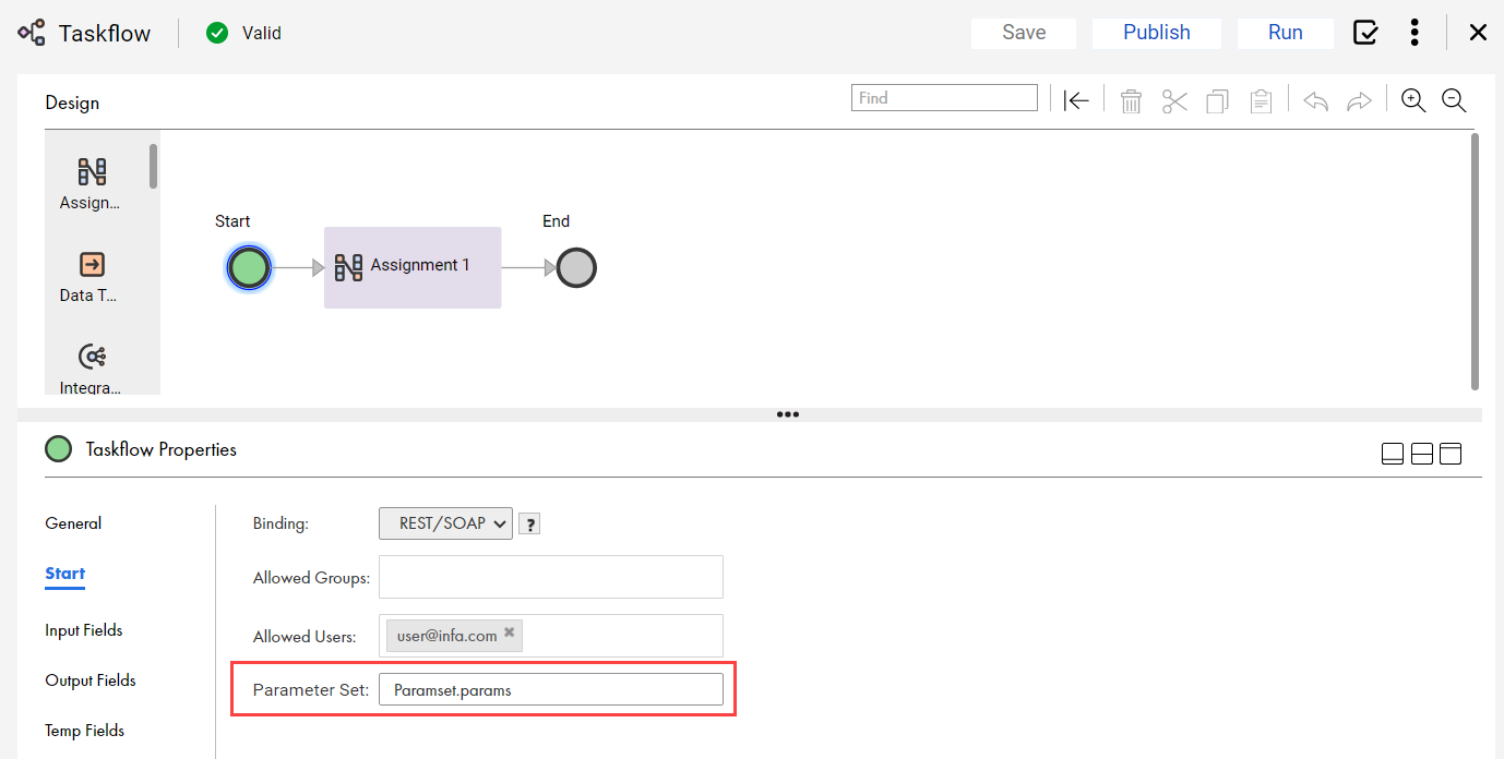 The image displays the Parameter Set assigned in the Taskflow Properties.