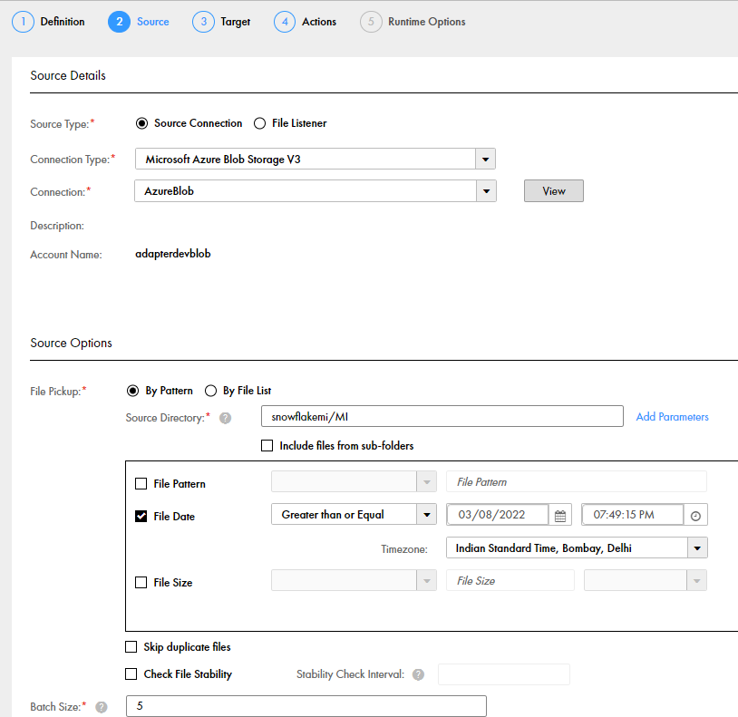 You can view the configured details on the Microsoft Azure Blob Storage Source tab in a mass ingestion task.