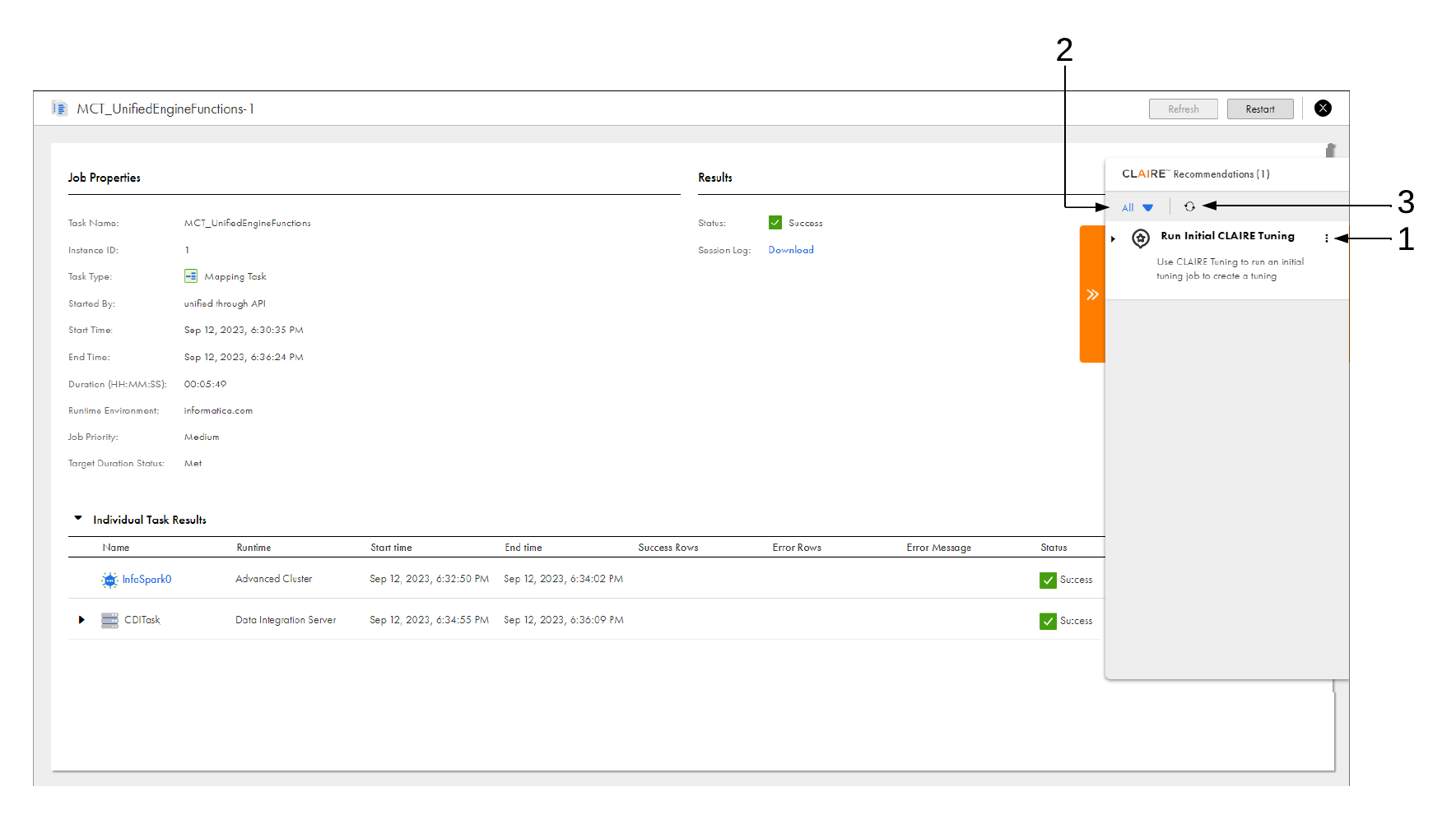 The job includes a CLAIRE Recommendations panel. The panel includes an Actions menu for each recommendation, a drop-down menu to filter recommendations, and a Refresh button.