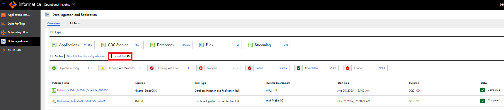 The scheduled option lists the scheduled jobs with the instance name, location, task type, runtime environment, start time, duration, and status. The jobs also show the status, along with their start times and run durations.
